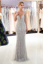 Sparkly V-Neck Tassels Mermaid Prom Dress Sequins Party Gown by misshow.com
