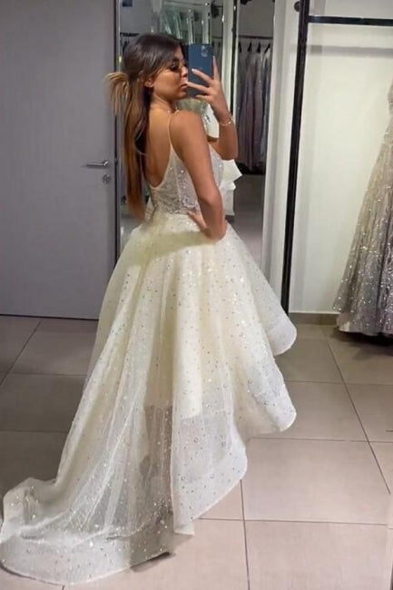 Sparkly Yellow Spaghetti Straps Hi-lo Cocktail Party Dresses Prom Gowns Main Image