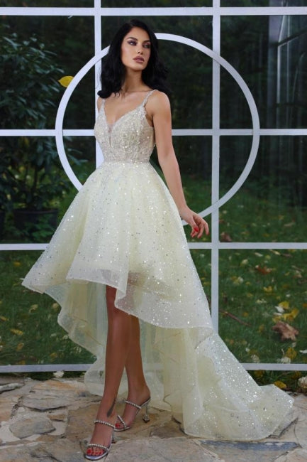 Sparkly Yellow Spaghetti Straps Hi-lo Cocktail Party Dresses Prom Gowns Hover Image