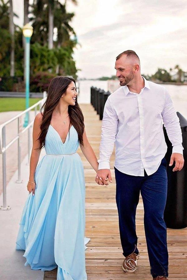 Split Sky Blue Rustic Wedding Dresses Beach Wedding Gown with Court Train WD289 by pgmdress