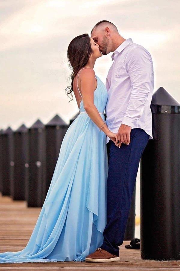 Split Sky Blue Rustic Wedding Dresses Beach Wedding Gown with Court Train WD289 by pgmdress