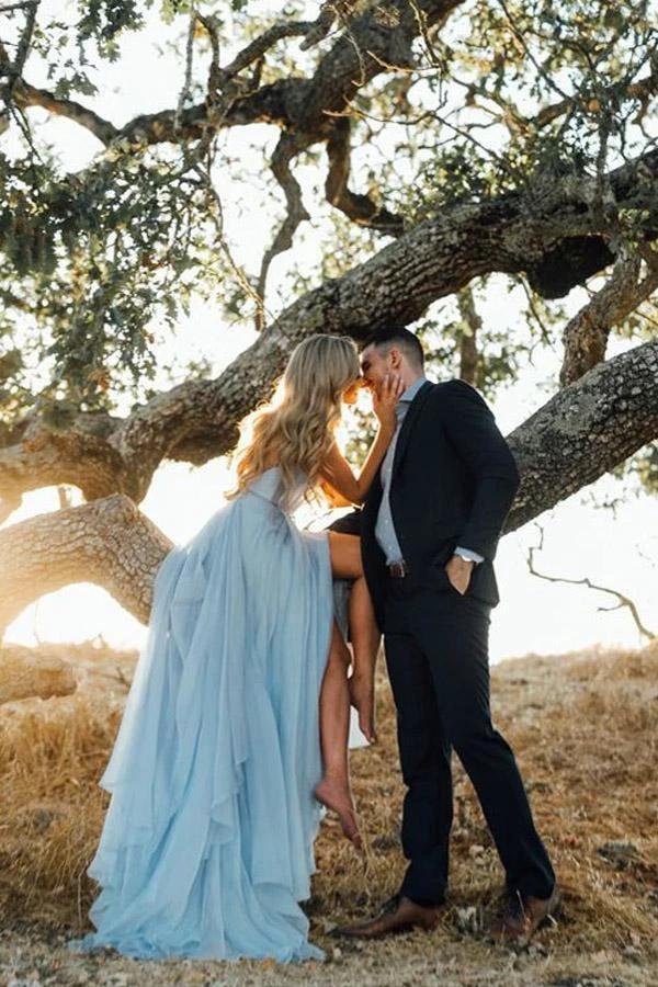 Split Sky Blue Rustic Wedding Dresses Beach Wedding Gown with Court Train WD289 by pgmdress