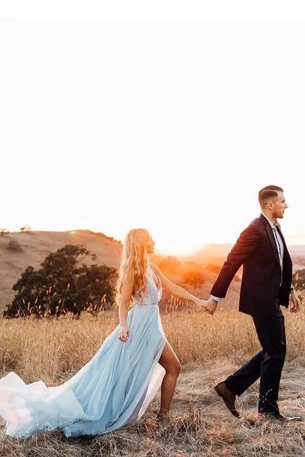 Split Sky Blue Rustic Wedding Dresses Beach Wedding Gown with Court Train WD289 by pgmdress