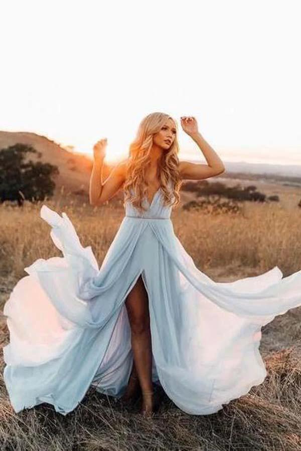 Split Sky Blue Rustic Wedding Dresses Beach Wedding Gown with Court Train WD289 by pgmdress
