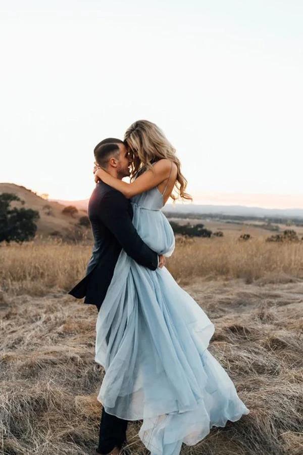 Split Sky Blue Rustic Wedding Dresses Beach Wedding Gown with Court Train WD289 by pgmdress