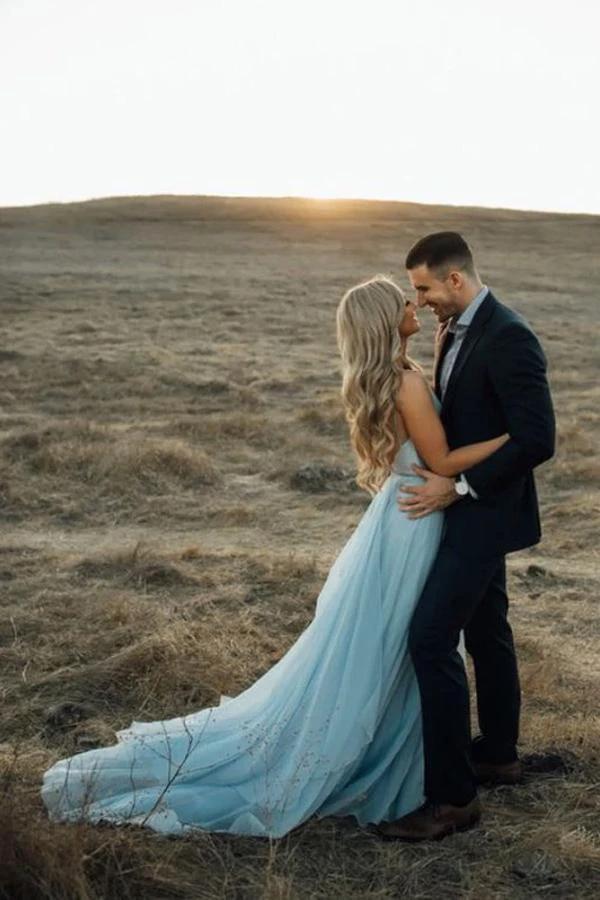 Split Sky Blue Rustic Wedding Dresses Beach Wedding Gown with Court Train WD289 by pgmdress