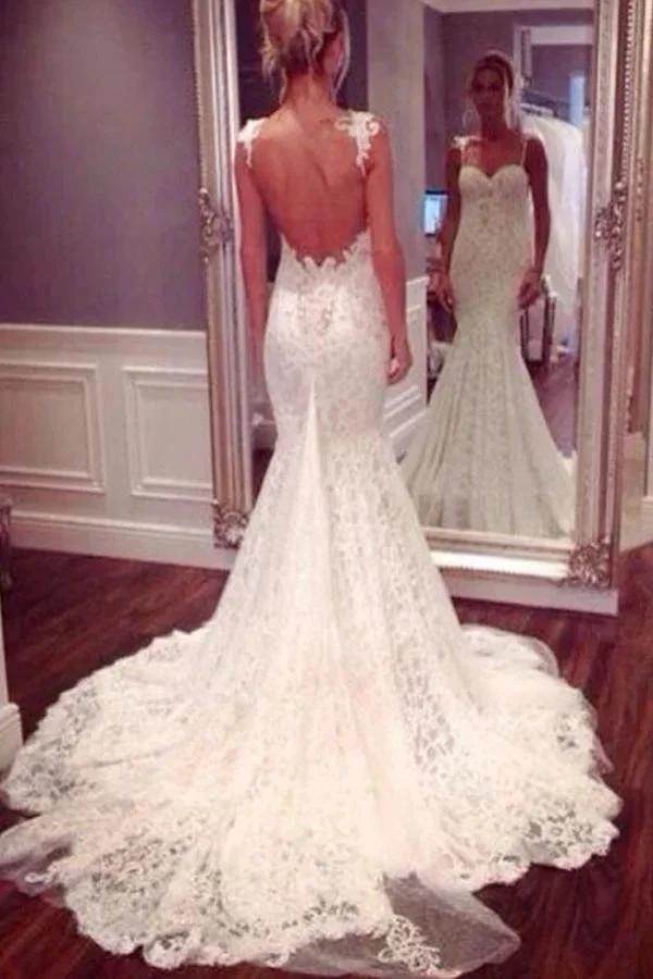 Strap Sweetheart Backless Mermaid Lace Wedding Dress Ball Gown WD026 by pgmdress