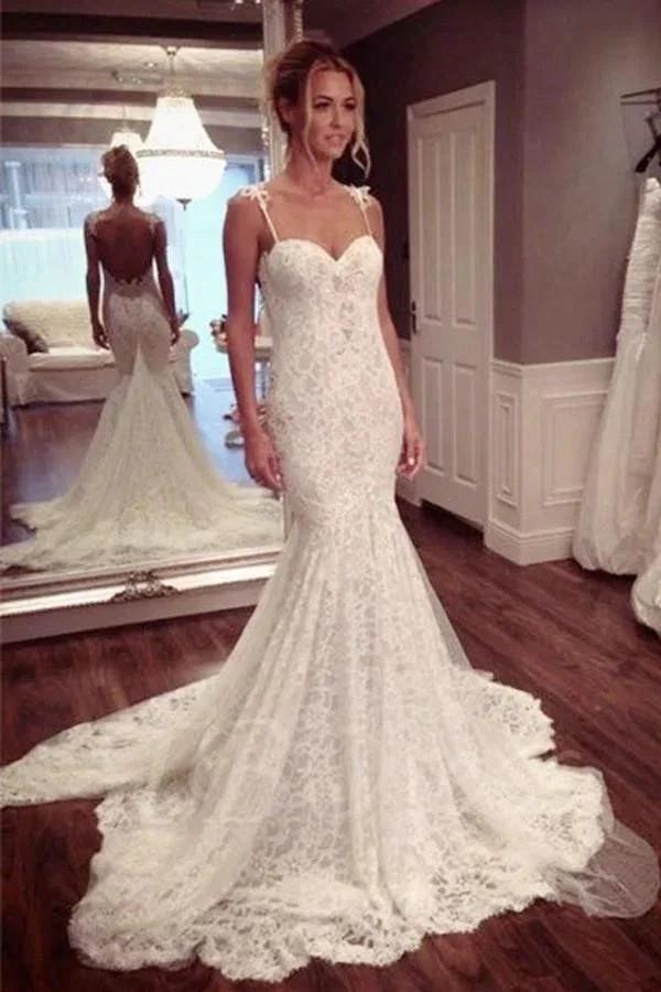 Strap Sweetheart Backless Mermaid Lace Wedding Dress Ball Gown WD026 by pgmdress