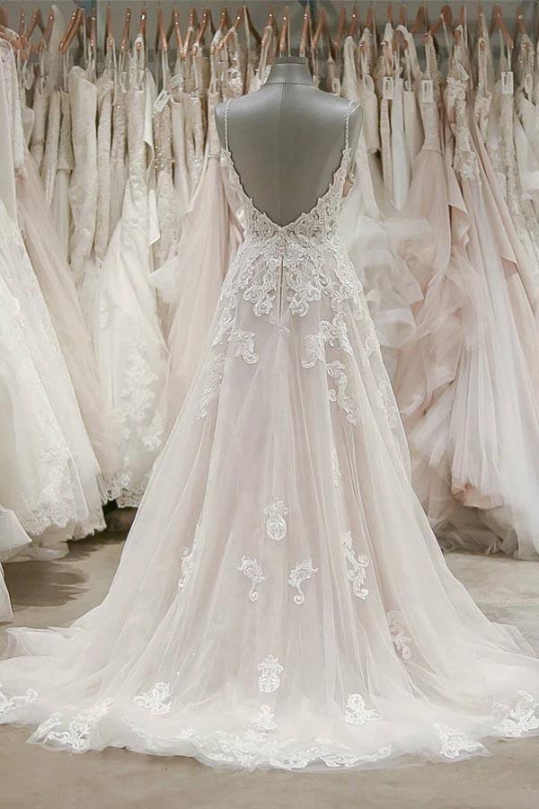 Strap V Neck Beach Wedding Dresses Backless Ivory Tulle Wedding Dress WD309 by pgmdress