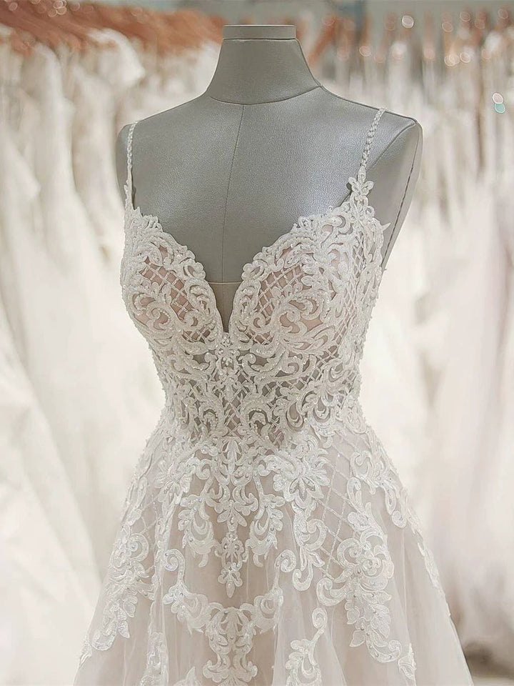 Strap V Neck Beach Wedding Dresses Backless Ivory Tulle Wedding Dress WD309 by pgmdress