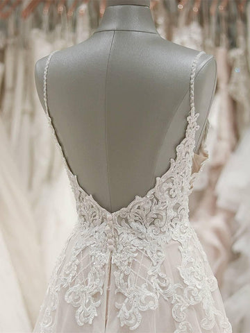 Strap V Neck Beach Wedding Dresses Backless Ivory Tulle Wedding Dress  WD309