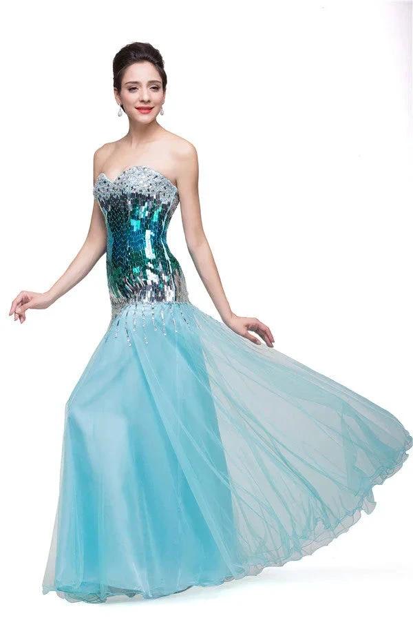 Strapless Floor-length Mermaid Tulle Sequins Porm Dresses by misshow.com