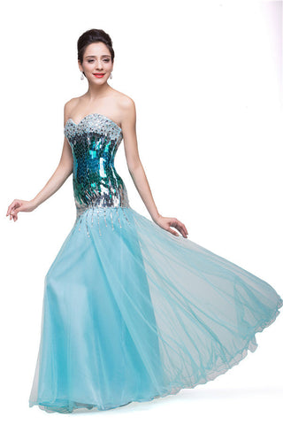 Vestidos de noche de sirena con lentejuelas y tul, sin tirantes y largos hasta el suelo