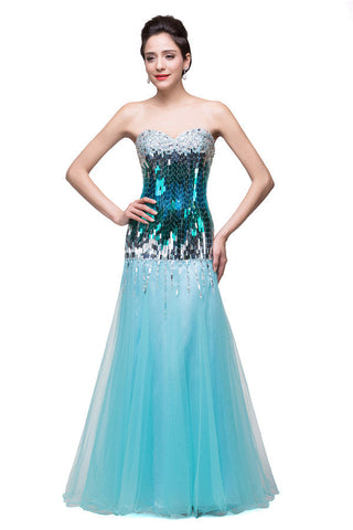 Vestidos de noche de sirena con lentejuelas y tul, sin tirantes y largos hasta el suelo