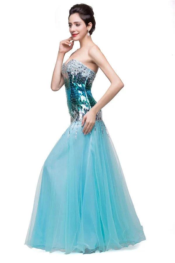 Strapless Floor-length Mermaid Tulle Sequins Porm Dresses by misshow.com