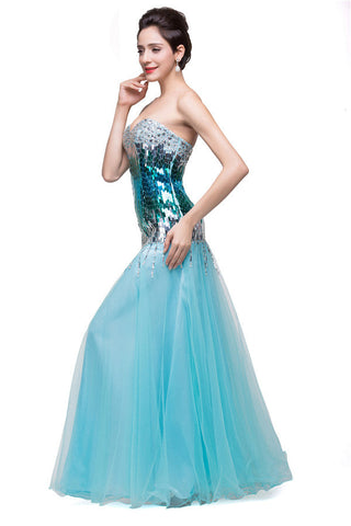 Vestidos de noche de sirena con lentejuelas y tul, sin tirantes y largos hasta el suelo