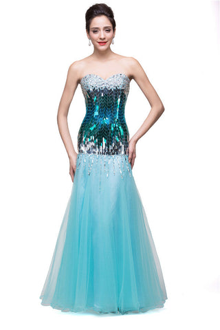 Vestidos de noche de sirena con lentejuelas y tul, sin tirantes y largos hasta el suelo