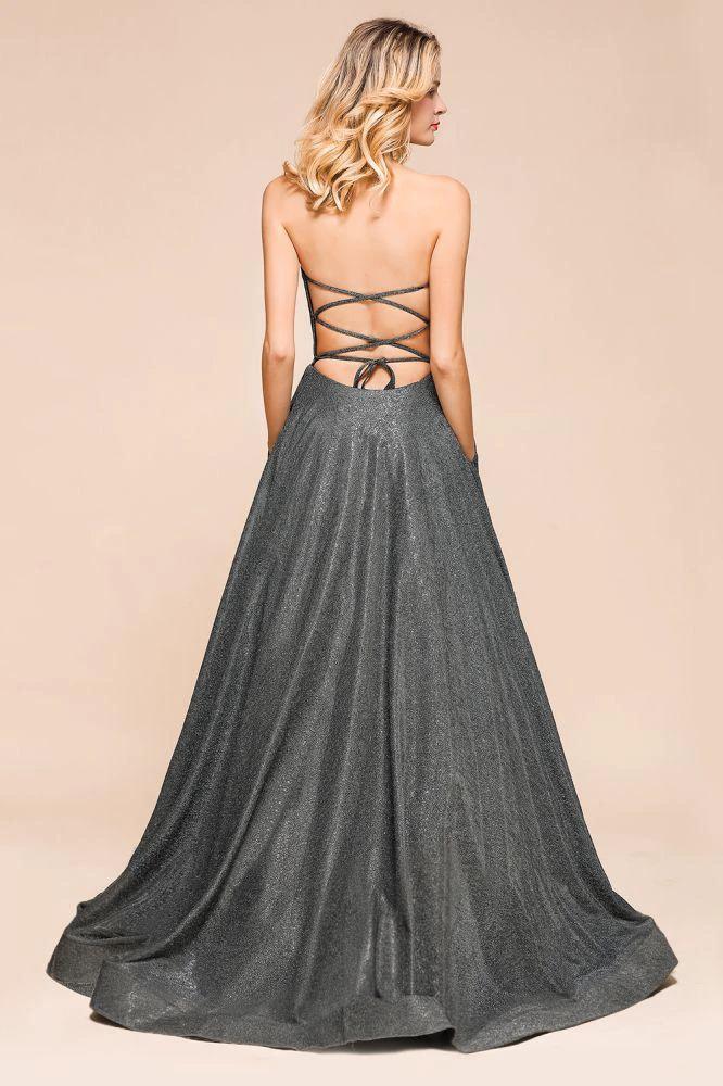 Strapless Glitter aline Evening Gown Sleeveless Front Slit Dancing Party Dress by misshow.com