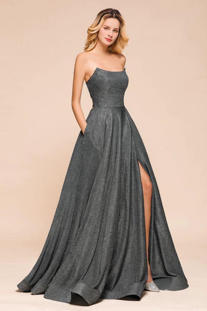 Strapless Glitter aline Evening Gown Sleeveless Front Slit Dancing Party Dress by misshow.com