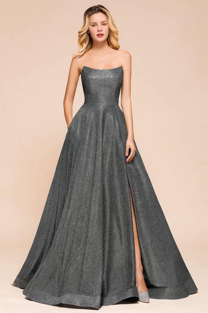 Strapless Glitter aline Evening Gown Sleeveless Front Slit Dancing Party Dress by misshow.com