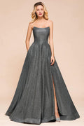 Strapless Glitter aline Evening Gown Sleeveless Front Slit Dancing Party Dress by misshow.com