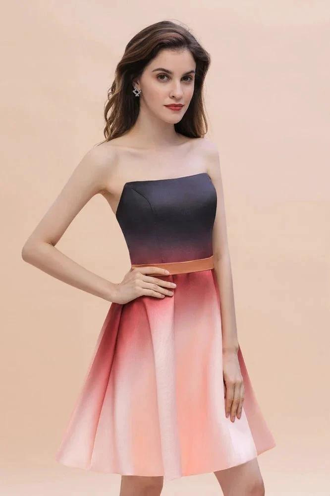 Strapless Gradient Satin Mini Party Dress Knee Length Homecoming Dress by misshow.com