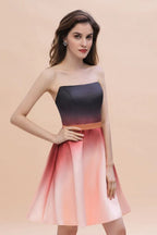 Abito corto da festa in raso sfumato senza spalline, lunghezza al ginocchio, abito per il ritorno a casa