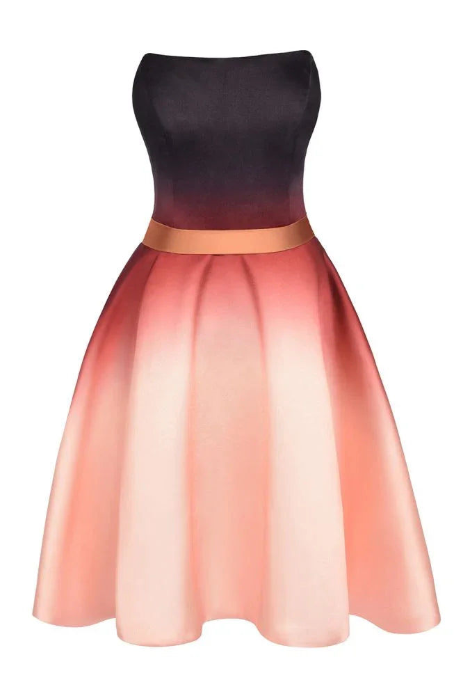 Abito corto da festa in raso sfumato senza spalline, lunghezza al ginocchio, abito per il ritorno a casa