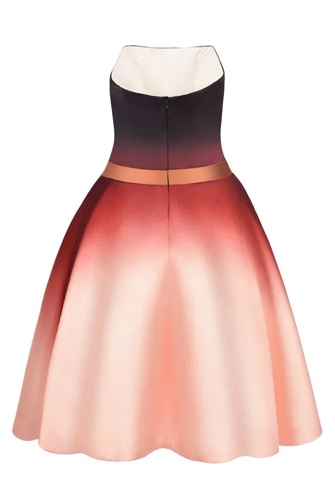 Abito corto da festa in raso sfumato senza spalline, lunghezza al ginocchio, abito per il ritorno a casa