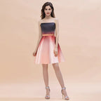 Abito corto da festa in raso sfumato senza spalline, lunghezza al ginocchio, abito per il ritorno a casa