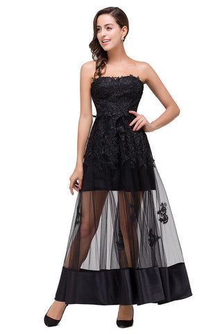 Vestidos de fiesta sin tirantes hasta la rodilla, corte A, con cordones y apliques negros