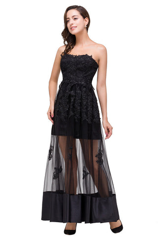 Vestidos de fiesta sin tirantes hasta la rodilla, corte A, con cordones y apliques negros
