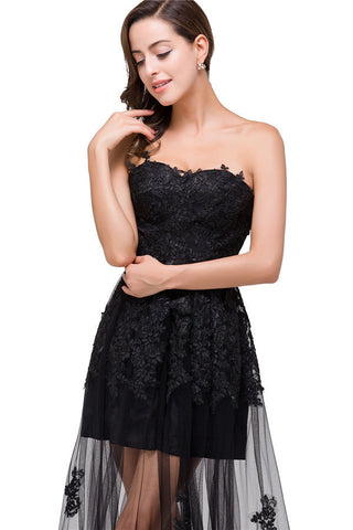 Vestidos de fiesta sin tirantes hasta la rodilla, corte A, con cordones y apliques negros