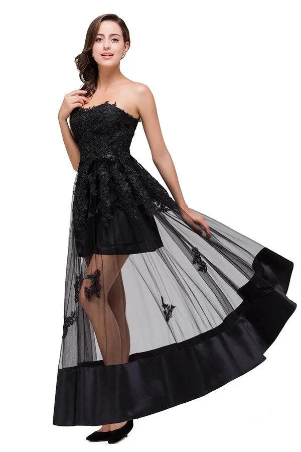 Strapless Knee-length A-line Lace-Up Black Appliques Prom Dresses by misshow.com