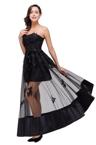 Vestidos de fiesta sin tirantes hasta la rodilla, corte A, con cordones y apliques negros