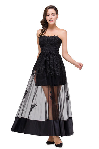 Vestidos de fiesta sin tirantes hasta la rodilla, corte A, con cordones y apliques negros