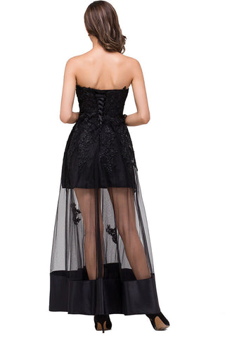 Vestidos de fiesta sin tirantes hasta la rodilla, corte A, con cordones y apliques negros