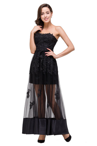 Vestidos de fiesta sin tirantes hasta la rodilla, corte A, con cordones y apliques negros
