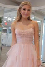 Patsy | Strapless Light Pink Sequin Beaded Ruffle Tulle Prom Dress by KissProm