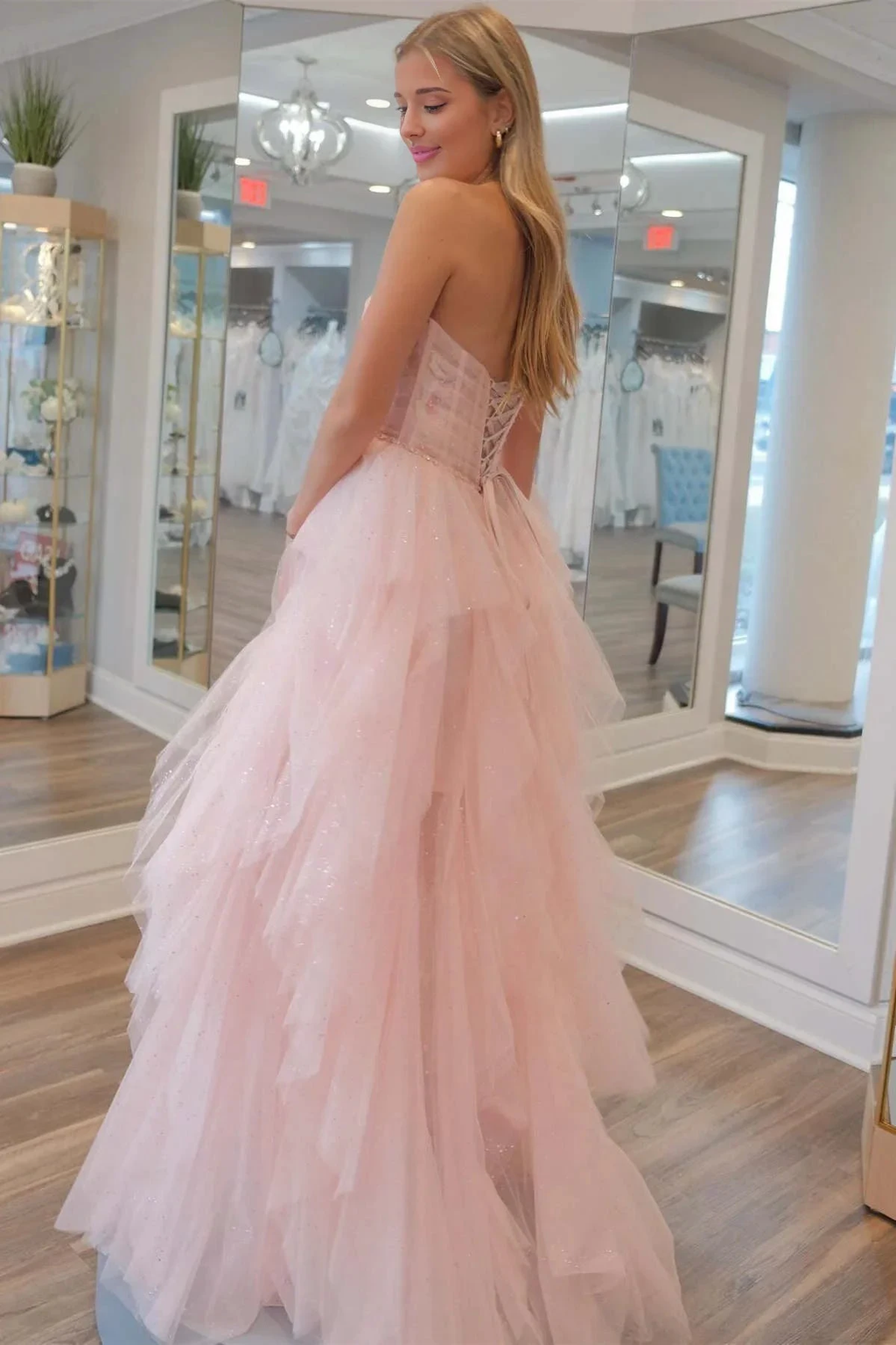 Patsy | Strapless Light Pink Sequin Beaded Ruffle Tulle Prom Dress by KissProm