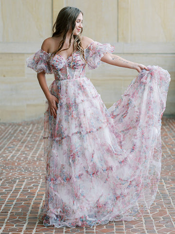 Sydney | A-Linien-Ballkleid aus schulterfreiem Tüll mit Blumenmuster