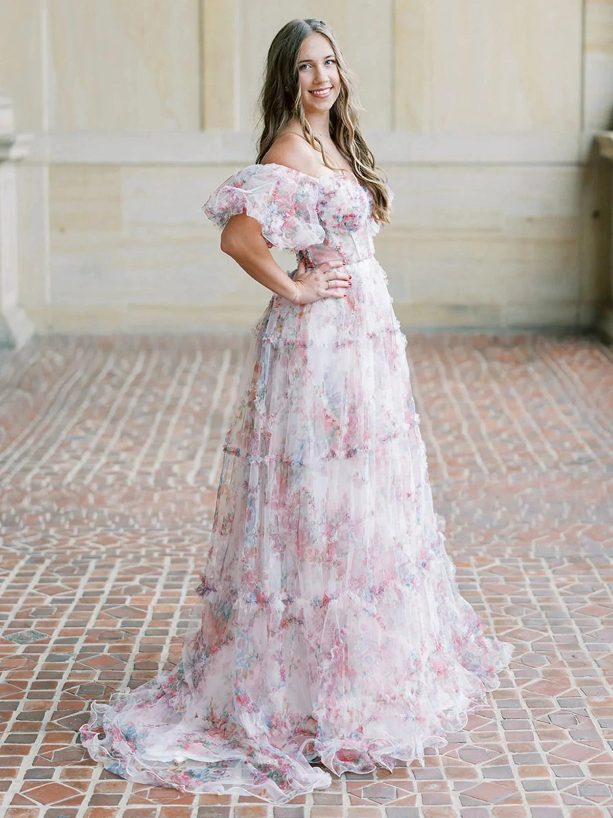 Sydney |A Line Off The Shoulder Floral Tulle Prom Dress by KissProm
