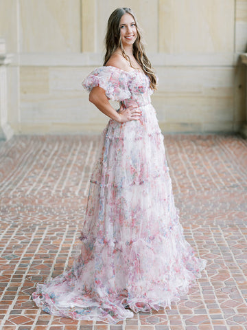 Sydney | A-Linien-Ballkleid aus schulterfreiem Tüll mit Blumenmuster