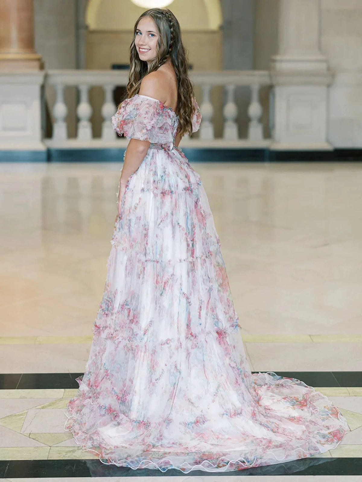 Sydney |A Line Off The Shoulder Floral Tulle Prom Dress by KissProm