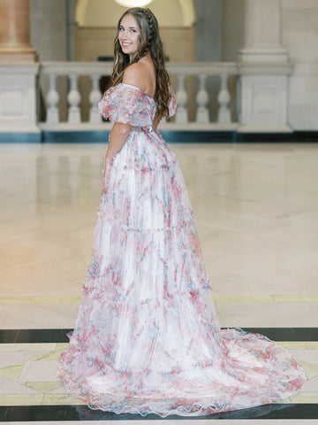 Sydney | A-Linien-Ballkleid aus schulterfreiem Tüll mit Blumenmuster