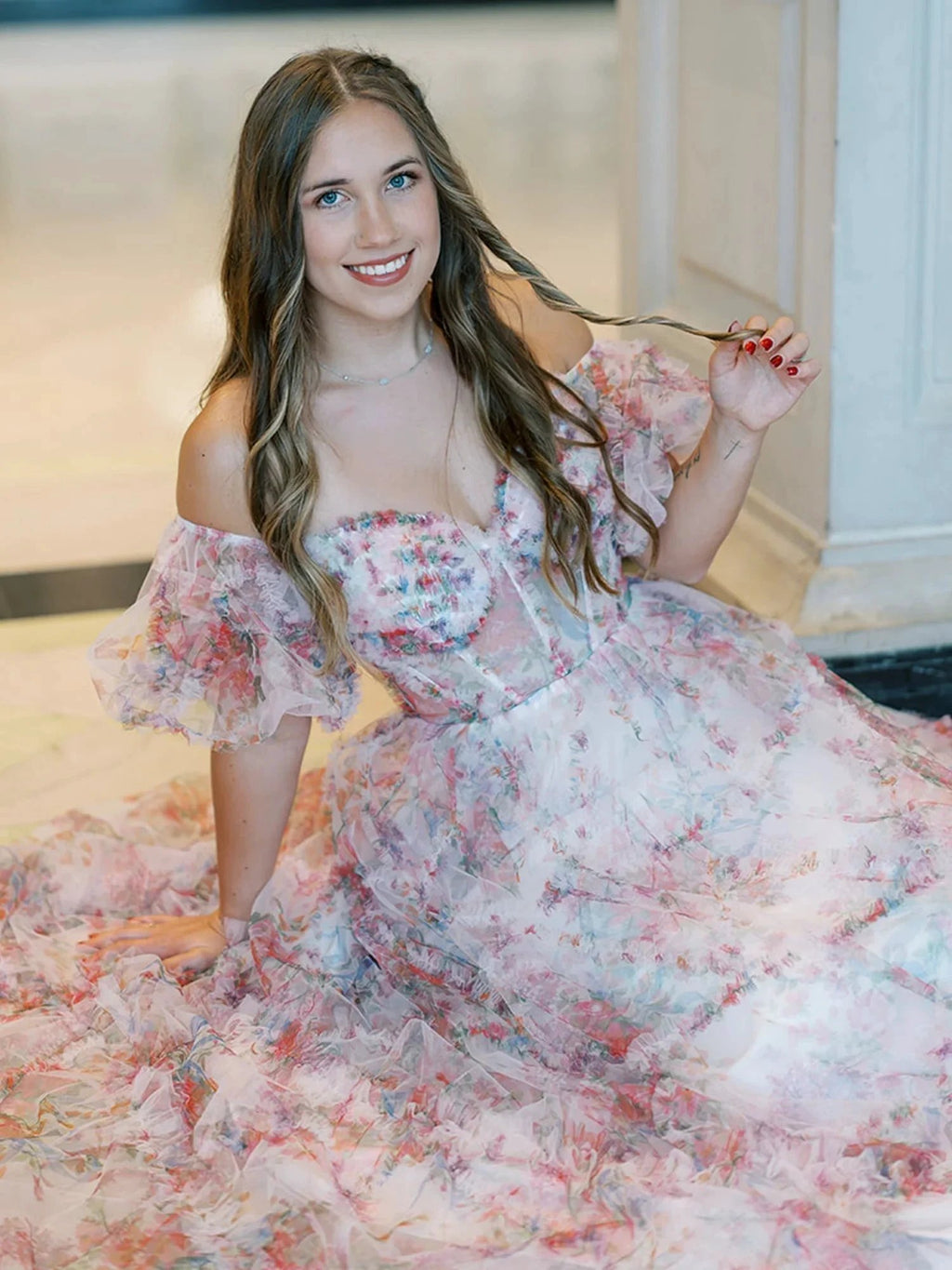 Sydney |A Line Off The Shoulder Floral Tulle Prom Dress by KissProm