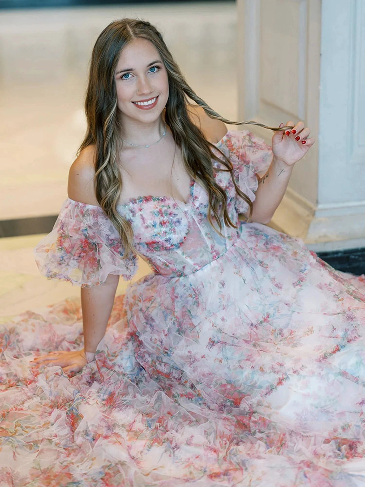 Sydney |A Line Off The Shoulder Floral Tulle Prom Dress by KissProm