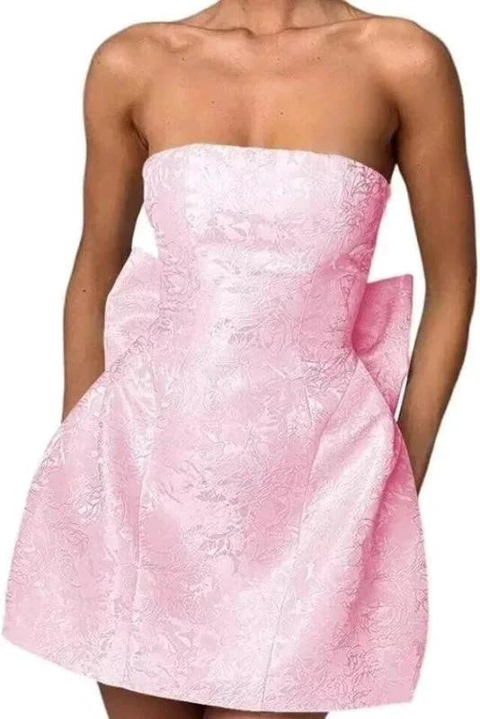 Chic Sleeveless Ruched Satin Floral Jacquard Mini Homecoming Dress with Bow by misshow.com