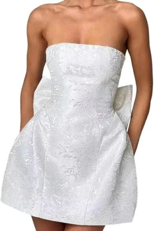 Chic Sleeveless Ruched Satin Floral Jacquard Mini Homecoming Dress with Bow by misshow.com