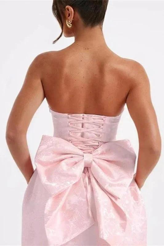 Chic Sleeveless Ruched Satin Floral Jacquard Mini Homecoming Dress with Bow by misshow.com